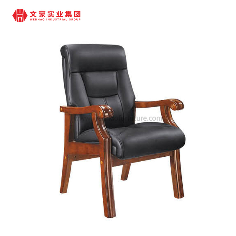 Chaise de bureau avec cadre en bois massif, cuir noir noyer 2024, salle de conférence, salon