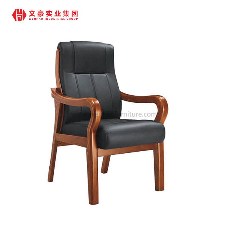Chaise de conférence en bois massif de chaise de bureau de patron exécutif en cuir noir à dossier moyen